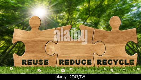 Gros plan de trois pièces de puzzle en bois avec texte, réutiliser, réduire, recycler, sur une prairie verte avec des fleurs de Marguerite et une forêt verte sur fond. Susta Banque D'Images