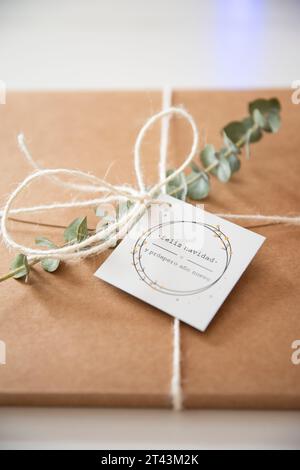 Une touche festive au charme rustique : une boîte cadeau en papier artisanal ornée d'eucalyptus et une carte « Joyeux Noël », idéale pour les fêtes de fin d'année. Banque D'Images
