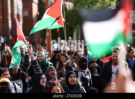 Leicester, Leicestershire, Royaume-Uni. 28 octobre 2023. Les manifestants brandissent des drapeaux lors d'une manifestation pro-palestinienne. Des dizaines de milliers de manifestants pro-palestiniens se sont rassemblés à Londres et dans tout le Royaume-Uni pour des rassemblements demandant instamment la fin des attaques israéliennes à Gaza. Crédit Darren Staples/Alamy Live News. Banque D'Images