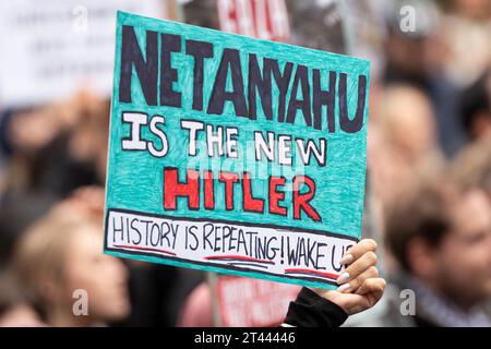 Netanyahu est une pancarte hitlérienne tenue alors que des milliers de manifestants pro-palestiniens se rassemblaient pour une manifestation de masse à Manchester au Royaume-Uni. Les manifestants ont défilé de la place Saint-Pierre dans le centre-ville. Drapeaux et banderoles ont été maintenus en altitude et des fusées éclairantes ont été larguées. Des discours ont été prononcés sur la place Saint-Pierre avant et après la marche circulaire. Photo : garyroberts/worldwidefeatures.com Banque D'Images