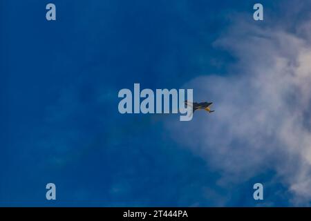 Leszno, Pologne - juin 16 2023 : Antidotum Airshow Leszno 2023 et spectacles acrobatiques pleins de fumée de F-16 Tiger Demo Team sur un ciel nuageux Banque D'Images