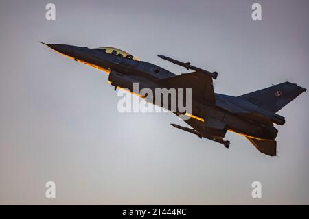 Leszno, Pologne - juin 16 2023 : Antidotum Airshow Leszno 2023 et spectacles acrobatiques pleins de fumée de F-16 Tiger Demo Team sur un ciel nuageux Banque D'Images