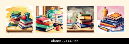 Banner Set Vector Illustration en aquarelle avec pile de livres, une pomme. Sur un fond blanc, un élément de saison d'automne confortable peint à la main est exposé. Concept de retour à l'école Illustration de Vecteur