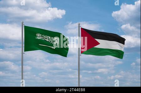 Drapeaux de la Palestine et de la bande de Gaza et de l'Arabie saoudite agitant ensemble sur un ciel nuageux bleu Banque D'Images