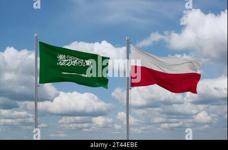 Drapeaux de la Pologne et de l'Arabie saoudite agitant ensemble dans le vent sur un ciel nuageux bleu, concept de relation entre deux pays Banque D'Images