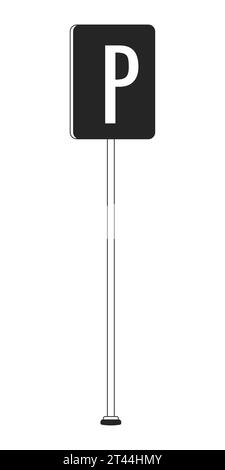 Poteau de signe de stationnement objet de dessin animé de ligne 2D noir et blanc Illustration de Vecteur