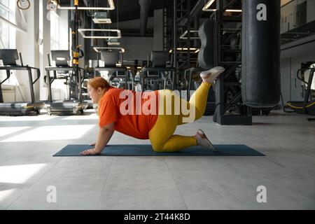Femme en surpoids faisant de l'exercice avec plaisir et motivation Banque D'Images