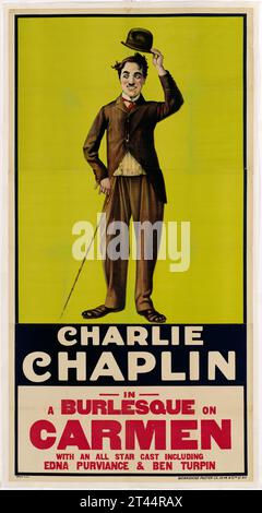 Affiche de film pour Un burlesque sur Carmen, un film de Charlie Chaplin de 1915, incluant Edna Purviance et Ben Turpin. Banque D'Images