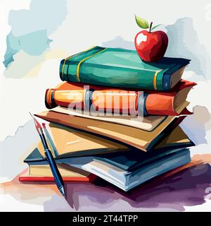 De retour à l'école, les livres hauts empilent sur fond blanc closeup. Croquis fait à la main. Carte postale pour impression. Illustration vectorielle aquarelle. Illustration de Vecteur