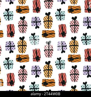 Motif cadeaux sur un fond transparent, graphiques vectoriels pour l'emballage, textiles, cadeaux pour enfants, motif sans couture, style plat Illustration de Vecteur