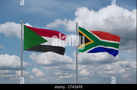 Drapeaux de la République d'Afrique du Sud et du Soudan agitant ensemble dans le vent sur un ciel nuageux bleu, concept de relation entre deux pays Banque D'Images