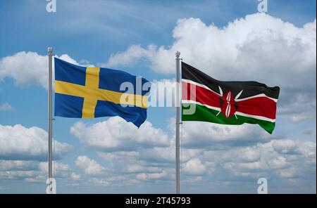 Drapeaux du Kenya et de la Suède agitant ensemble sur un ciel nuageux bleu, concept de relation entre deux pays Banque D'Images
