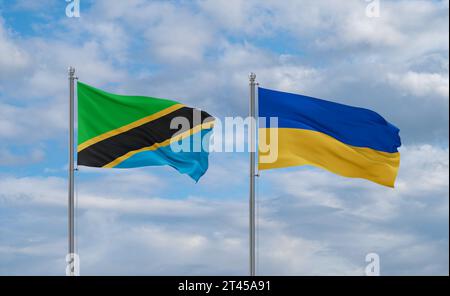 Drapeaux de l'Ukraine et de la Tanzanie agitant ensemble dans le vent sur un ciel nuageux bleu, concept de relation entre deux pays Banque D'Images