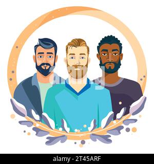 Les hommes multiraciaux ensemble illustration vectorielle.personnes de différentes couleurs de peau et de différentes nationalités.concept de la Journée mondiale des hommes ou de la fête des pères Illustration de Vecteur