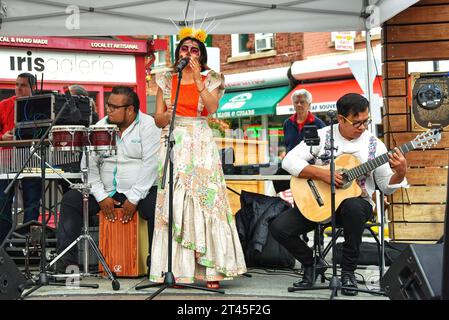 Ottawa, Canada - 28 octobre 2023 : Trio Oaxaca donne un concert dans le cadre de l'événement Day of the Dead dans le cadre de la célébration d'Halloween au marché By. Les festivals Day of the Dead sont destinés à célébrer la vie des défunts avec des activités qu'ils ont apprécié dans leur vie. Banque D'Images