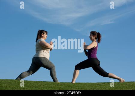 Deux femmes d'âge moyen pratiquent le yoga dans le parc de la ville dans la pose de guerrier, fond de ciel bleu. Namaste. Mode de vie sain, fitness, Pilates, perte de poids. terminé Banque D'Images