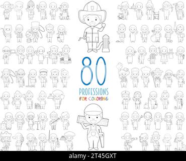 Enfants Vector Characters Collection : ensemble de 80 professions différentes pour la coloration dans le style de bande dessinée. Illustration de Vecteur