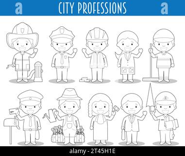 Ensemble vectoriel de professions de ville pour la coloration dans le style de bande dessinée. Illustration de Vecteur