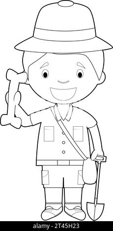 Illustration vectorielle de dessin animé facile à colorier d'un archéologue. Illustration de Vecteur