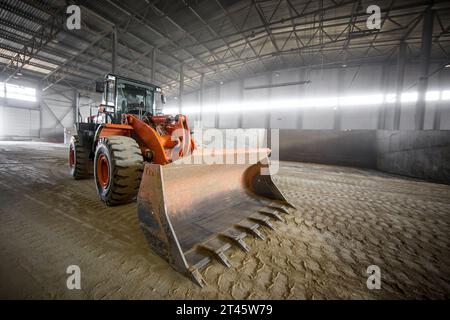 Chargeur dans la salle de stockage pour les matières premières extraites. grand angle Banque D'Images