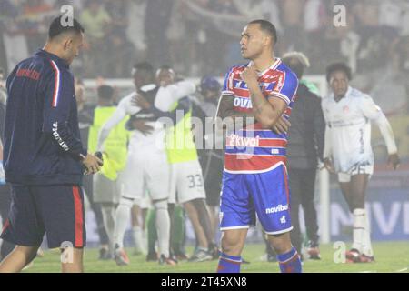 Maldonado, Uruguay. 28 octobre 2023. Titi de Fortaleza, se plaint après le match entre Fortaleza et LDU Quito pour la finale Copa Sudamericana 2023, au stade Domingo Burgueno, à Maldonado, Uruguay, le 28 octobre. Photo : Pool Pelaez Burga/DiaEsportivo/DiaEsportivo/Alamy Live News crédit : DiaEsportivo/Alamy Live News Banque D'Images