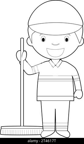 Illustration vectorielle de dessin animé facile à colorier d'un balayeur. Illustration de Vecteur