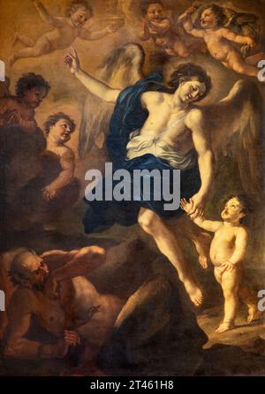 NAPLES, ITALIE - 23 AVRIL 2023 : la peinture de l'ange gardien dans l'église Chiesa di San Nicola alla Carita par Giovanni Battista Lama de 18. cent. Banque D'Images