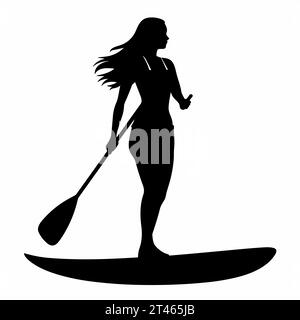 Silhouette de femme de paddleboard. Paddleboard femme icône noire sur fond blanc Illustration de Vecteur