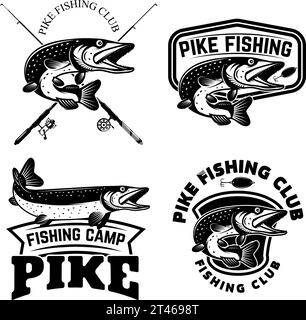 Ensemble d'emblèmes de pêche au brochet dans un style monochrome. Logo de poisson brochet, étiquette, signe, affiche, badge. Illustration de Vecteur