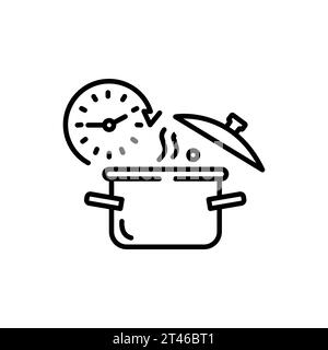 Icône de temps de cuisson, préparation rapide du repas, cuisson des aliments avec minuterie, poêle avec horloge, symbole de ligne mince sur fond blanc Illustration de Vecteur