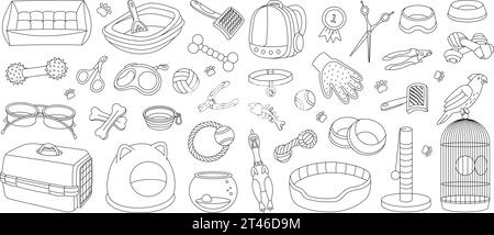 Ensemble de contours de fournitures PET. Accessoires pour animaux. Oreiller de couchage, jouet à mâcher, médaille, ciseaux, coupe-ongles, brosse, enlèvement de fourrure, aquarium, porte-sac à dos Illustration de Vecteur