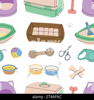 Modèle de fournitures PET. Accessoires pour animaux, fournitures pour jouets. Oreiller de couchage, jouets, médaille, ciseaux, coupe-ongles, enlèvement de fourrure, aquarium, porte-sac à dos Illustration de Vecteur