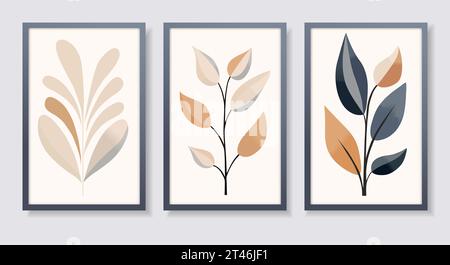 Trois affiches encadrées avec des feuilles abstraites aux couleurs pastel. Illustration vectorielle Illustration de Vecteur