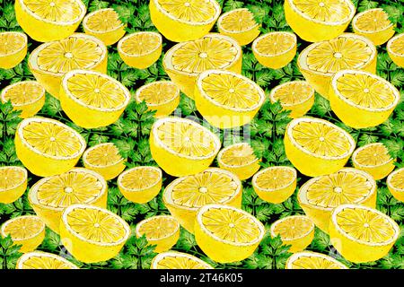 Motif sans couture citron. Fond de fruits avec des tranches de citron et des herbes. Illustration à l'aquarelle dessinée à la main. Conception de textiles, emballages, papiers peints. Banque D'Images