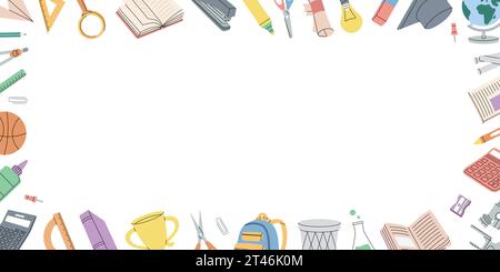 Fournitures scolaires en bannière horizontale. Retour à l'école. Trophée, diplôme, cahier, microscope, crayon, trombone, gomme, cartable, globe, calculatrice. Illustration de Vecteur