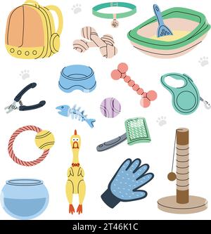Fournitures pour animaux domestiques. Porte-sac à dos pour animaux de compagnie, poulet en caoutchouc, boules, squelette d'arête de poisson, jouets à mâcher, bols, litière pour chat, laisse à mesurer. Animaux Illustration de Vecteur