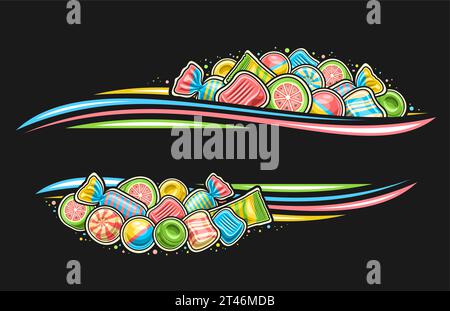 Bordure vectorielle pour Candy Store avec espace de copie vide pour le texte de l'annonce, panneau d'affichage décoratif avec illustration de bonbons durs multicolores dans un emballage en aluminium Illustration de Vecteur