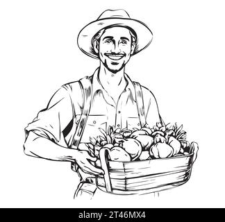 Vecteur main dessiné Vintage style Farmer Holding Panier avec légumes et fruits de récolte, Illustration de ferme naturelle de produits locaux, dessin Ouline noir et blanc. Illustration de Vecteur