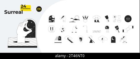 Surréalisme rêve noir et blanc dessin animé ligne 2D concept objets paquet Illustration de Vecteur