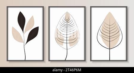 Trois affiches encadrées avec des feuilles abstraites aux couleurs pastel. Illustration de Vecteur