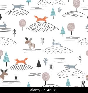 Motif de forêt sans couture avec des animaux et des arbres mignons. Vecteur fond enfantin dans le style scandinave Illustration de Vecteur