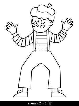 Mime noir et blanc en béret et chemise à rayures effectuant un tour. Illustration de clown français de ligne vectorielle. Mignon caractère traditionnel de l'icône de la France ou Illustration de Vecteur