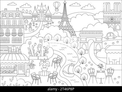 Vector Paris illustration de paysage noir et blanc. Scène de la capitale française avec sites touristiques, bâtiments, tour Eiffel, boulangerie. Mignon France line backgrou Illustration de Vecteur