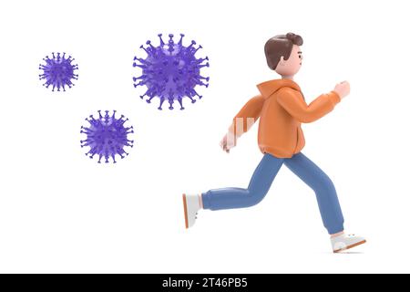 Illustration 3D de courir barbu américain bumale gars Qadir dans la panique est en train de fuir le virus. Crise du coronavirus, concept pandémique de covid-19.3D. Banque D'Images