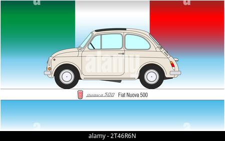 Italie, année 1957, Nuova Fiat 500 voiture populaire avec drapeau italien sur le fond, illustration décrite Banque D'Images