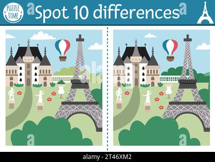 Trouver le jeu des différences pour les enfants. Activité éducative avec scène mignonne dans le parc, le château, la Tour Eiffel. Puzzle pour les enfants avec des paysages français drôles. PRI Illustration de Vecteur