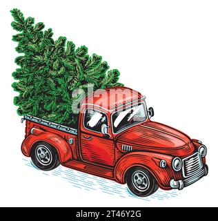 Camion rouge rétro et sapin à l'arrière d'une voiture. Noël, illustration vectorielle de vacances du nouvel an Illustration de Vecteur