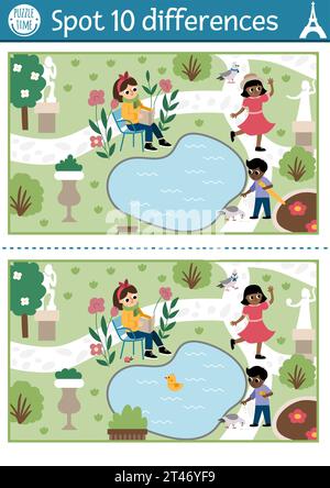 Trouver le jeu des différences pour les enfants. Activité éducative avec scène mignonne dans le parc. Puzzle pour les enfants avec des Français drôles, des animaux. Workshe imprimable Illustration de Vecteur