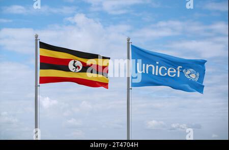 Drapeaux de l'UNICEF et de l'Ouganda agitant ensemble dans le vent sur un ciel nuageux bleu, concept de relation Banque D'Images