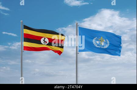 Drapeaux de l'Organisation mondiale de la Santé et de l'Ouganda agitant ensemble dans le vent sur un ciel nuageux bleu Banque D'Images